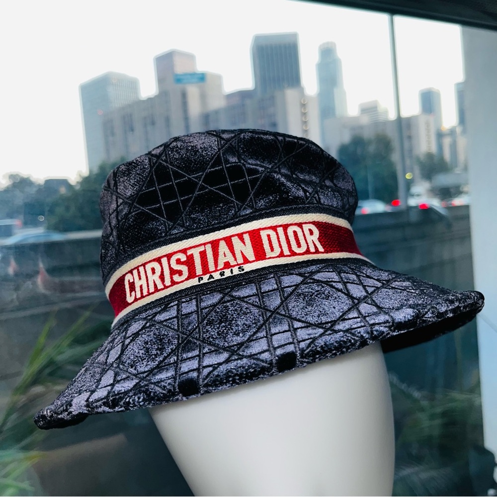 Dior: Velour Corduroy Christian Dior Paris Logo Cannage Embroidered Hat - Picture 10 of 16